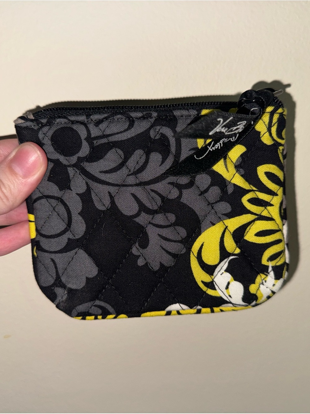 Vera Bradley Black, Gray & Yellow Quilted Zip Card Pouch Baroque Pattern